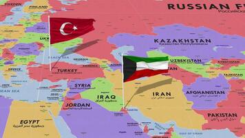 Kuwait and Turkey Flag Waving with The World Map, Seamless Loop in Wind, 3D Rendering video