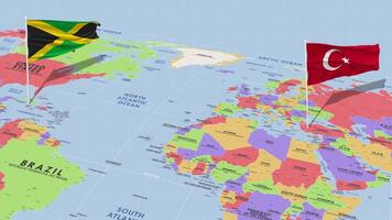 Jamaica and Turkey Flag Waving with The World Map, Seamless Loop in Wind, 3D Rendering video