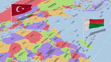 Madagascar and Turkey Flag Waving with The World Map, Seamless Loop in Wind, 3D Rendering video