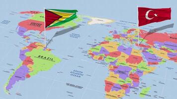 Guyana and Turkey Flag Waving with The World Map, Seamless Loop in Wind, 3D Rendering video