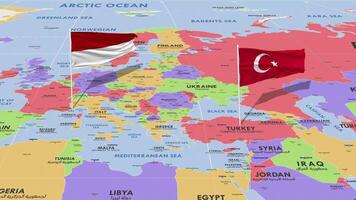 Mónaco y Turquía bandera ondulación con el mundo mapa, sin costura lazo en viento, 3d representación video