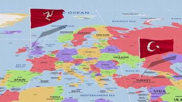 Isle of Man and Turkey Flag Waving with The World Map, Seamless Loop in Wind, 3D Rendering video