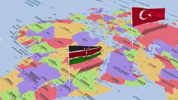 Kenya and Turkey Flag Waving with The World Map, Seamless Loop in Wind, 3D Rendering video