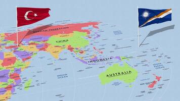 Marshall islas y Turquía bandera ondulación con el mundo mapa, sin costura lazo en viento, 3d representación video