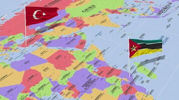 Mozambique y Turquía bandera ondulación con el mundo mapa, sin costura lazo en viento, 3d representación video