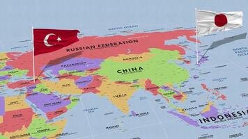 Japón y Turquía bandera ondulación con el mundo mapa, sin costura lazo en viento, 3d representación video