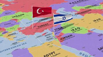 Israel and Turkey Flag Waving with The World Map, Seamless Loop in Wind, 3D Rendering video