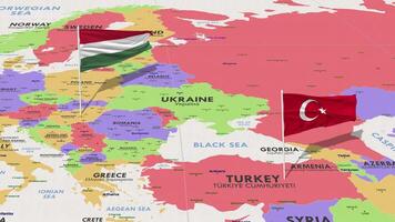 Hungría y Turquía bandera ondulación con el mundo mapa, sin costura lazo en viento, 3d representación video
