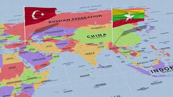 Myanmar, Burma and Turkey Flag Waving with The World Map, Seamless Loop in Wind, 3D Rendering video