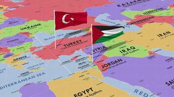 Palestine and Turkey Flag Waving with The World Map, Seamless Loop in Wind, 3D Rendering video
