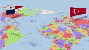 Panama and Turkey Flag Waving with The World Map, Seamless Loop in Wind, 3D Rendering video
