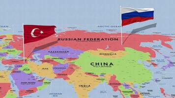 Rusia y Turquía bandera ondulación con el mundo mapa, sin costura lazo en viento, 3d representación video