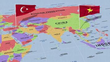 Vietnam and Turkey Flag Waving with The World Map, Seamless Loop in Wind, 3D Rendering video