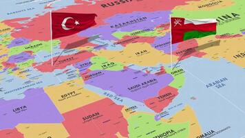 Oman and Turkey Flag Waving with The World Map, Seamless Loop in Wind, 3D Rendering video