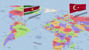 Suriname and Turkey Flag Waving with The World Map, Seamless Loop in Wind, 3D Rendering video