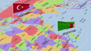 Zambia y Turquía bandera ondulación con el mundo mapa, sin costura lazo en viento, 3d representación video