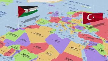 sahrawi árabe democrático república e Peru bandeira acenando com a mundo mapa, desatado ciclo dentro vento, 3d Renderização video
