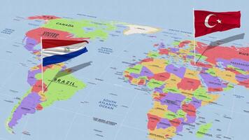 Paraguai e Peru bandeira acenando com a mundo mapa, desatado ciclo dentro vento, 3d Renderização video