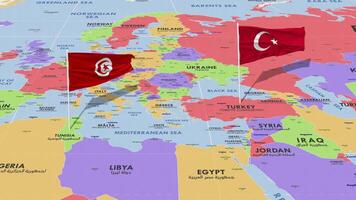 Túnez y Turquía bandera ondulación con el mundo mapa, sin costura lazo en viento, 3d representación video