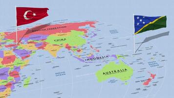 Solomon Inseln und Truthahn Flagge winken mit das Welt Karte, nahtlos Schleife im Wind, 3d Rendern video
