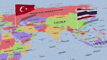 Thailand and Turkey Flag Waving with The World Map, Seamless Loop in Wind, 3D Rendering video