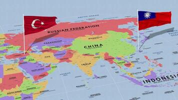 Taiwan and Turkey Flag Waving with The World Map, Seamless Loop in Wind, 3D Rendering video