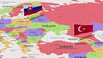 Eslovaquia y Turquía bandera ondulación con el mundo mapa, sin costura lazo en viento, 3d representación video