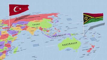 Vanuatu and Turkey Flag Waving with The World Map, Seamless Loop in Wind, 3D Rendering video