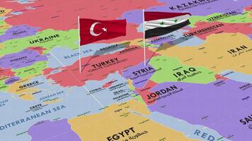 Siria y Turquía bandera ondulación con el mundo mapa, sin costura lazo en viento, 3d representación video