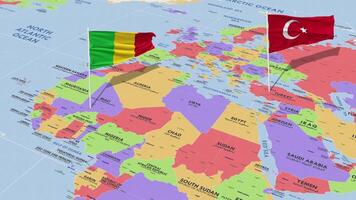 mali y Turquía bandera ondulación con el mundo mapa, sin costura lazo en viento, 3d representación video