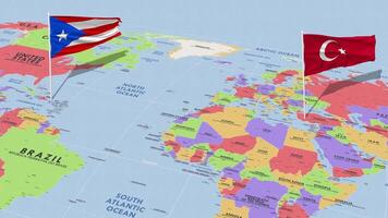 puerto rico y Turquía bandera ondulación con el mundo mapa, sin costura lazo en viento, 3d representación video