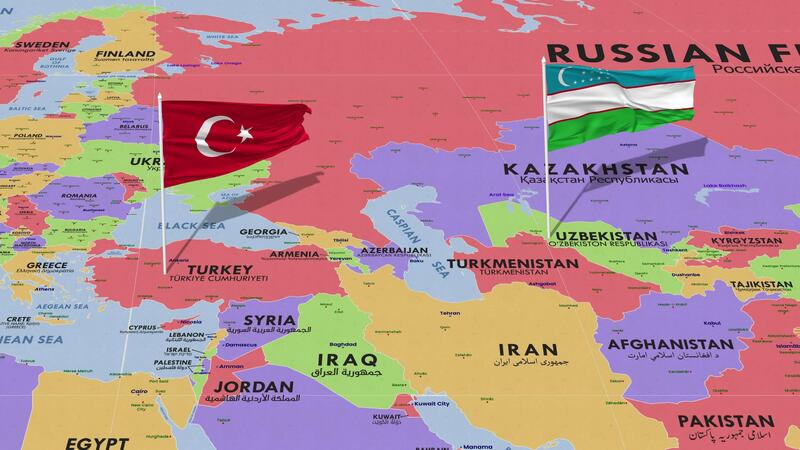 Uzbekistan And Turkey Flag Waving With The World Map Seamless Loop In Uzbekistan And Turkey Flag Waving With The World Map Seamless Loop In Wind 3d Rendering Free Video 