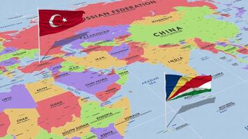 seychelles y Turquía bandera ondulación con el mundo mapa, sin costura lazo en viento, 3d representación video