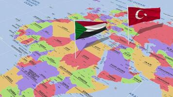 Sudán y Turquía bandera ondulación con el mundo mapa, sin costura lazo en viento, 3d representación video