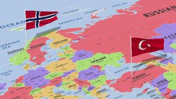 Noruega y Turquía bandera ondulación con el mundo mapa, sin costura lazo en viento, 3d representación video