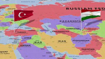 Tajikistan and Turkey Flag Waving with The World Map, Seamless Loop in Wind, 3D Rendering video