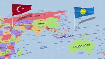 Palau and Turkey Flag Waving with The World Map, Seamless Loop in Wind, 3D Rendering video