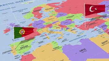 Portugal and Turkey Flag Waving with The World Map, Seamless Loop in Wind, 3D Rendering video