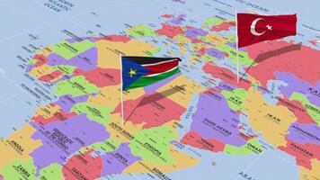 South Sudan and Turkey Flag Waving with The World Map, Seamless Loop in Wind, 3D Rendering video