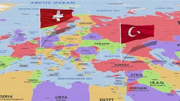 Switzerland and Turkey Flag Waving with The World Map, Seamless Loop in Wind, 3D Rendering video