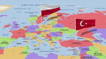 Polen en kalkoen vlag golvend met de wereld kaart, naadloos lus in wind, 3d renderen video