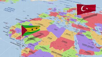 sao a mi y principe y Turquía bandera ondulación con el mundo mapa, sin costura lazo en viento, 3d representación video