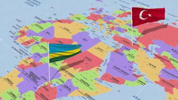 rwanda och Kalkon flagga vinka med de värld Karta, sömlös slinga i vind, 3d tolkning video