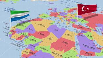 sierra leona y Turquía bandera ondulación con el mundo mapa, sin costura lazo en viento, 3d representación video