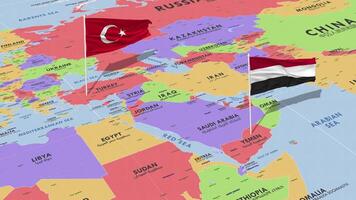 Yemen y Turquía bandera ondulación con el mundo mapa, sin costura lazo en viento, 3d representación video