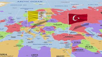 Vatican City and Turkey Flag Waving with The World Map, Seamless Loop in Wind, 3D Rendering video