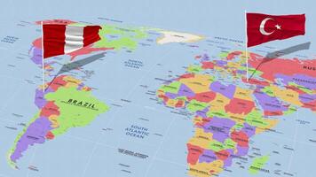 Peru and Turkey Flag Waving with The World Map, Seamless Loop in Wind, 3D Rendering video