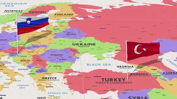 Slovenië en kalkoen vlag golvend met de wereld kaart, naadloos lus in wind, 3d renderen video