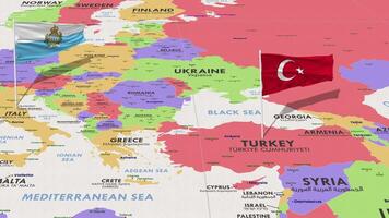 San Marino and Turkey Flag Waving with The World Map, Seamless Loop in Wind, 3D Rendering video