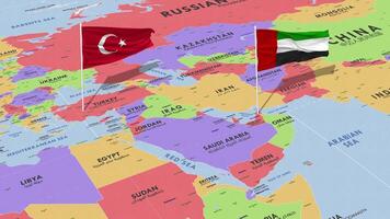 unido árabe emiratos y Turquía bandera ondulación con el mundo mapa, sin costura lazo en viento, 3d representación video